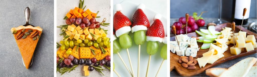 pumpkin pie, Christmas tree cheese board, grapes